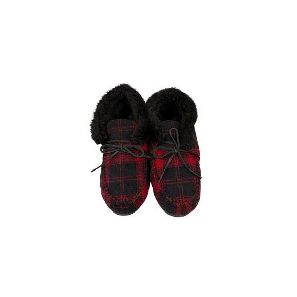 Minnetonka Red Buffalo Plaid Slip On Moccasin Slippers Holiday Cozy Womens 10 - Picture 2 of 9